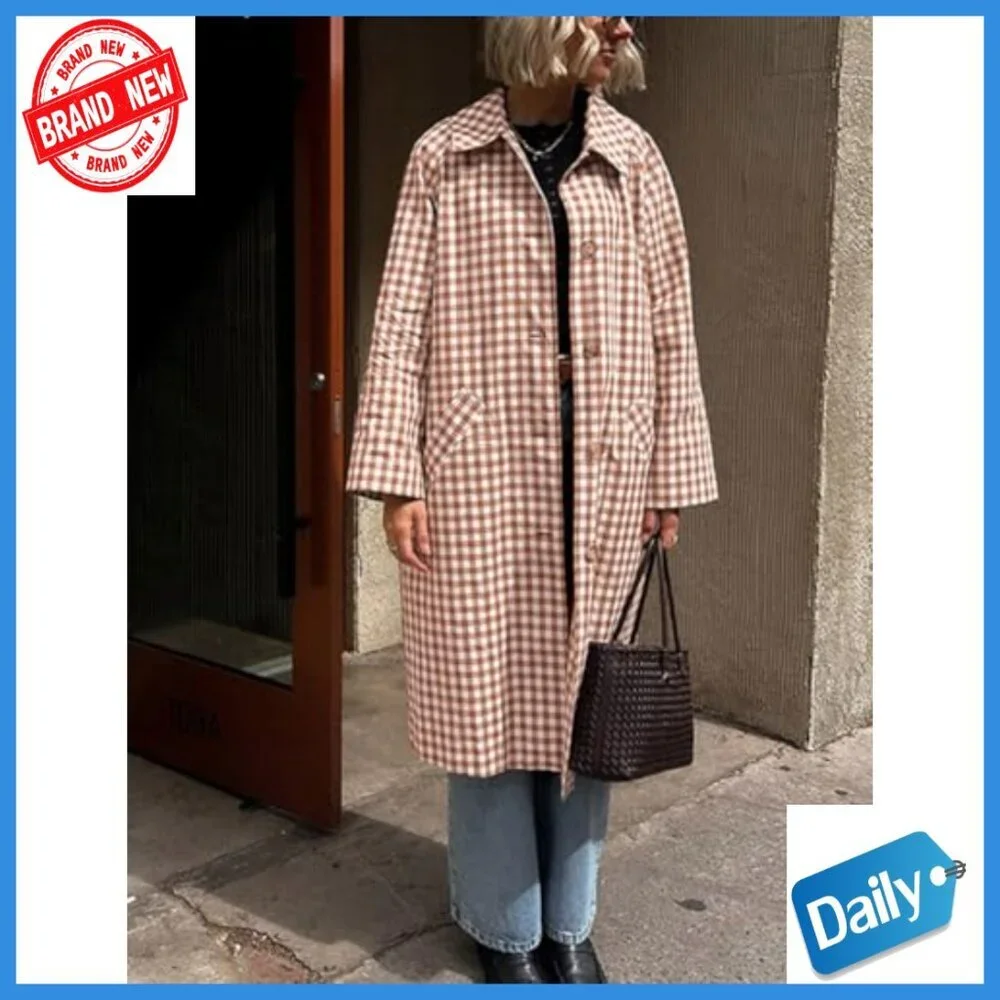 Women's Long Trench Coat Plaid Barn Jacket Single Breasted Casual Outerwear - Picture 3 of 7